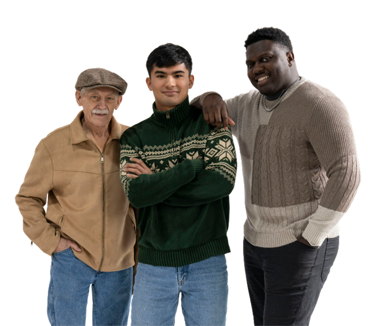 bold lives popup_image 3 men standing with an older man wearing a golfing hat and two younger men in sweaters, modeling for bold lives newsletter sign up